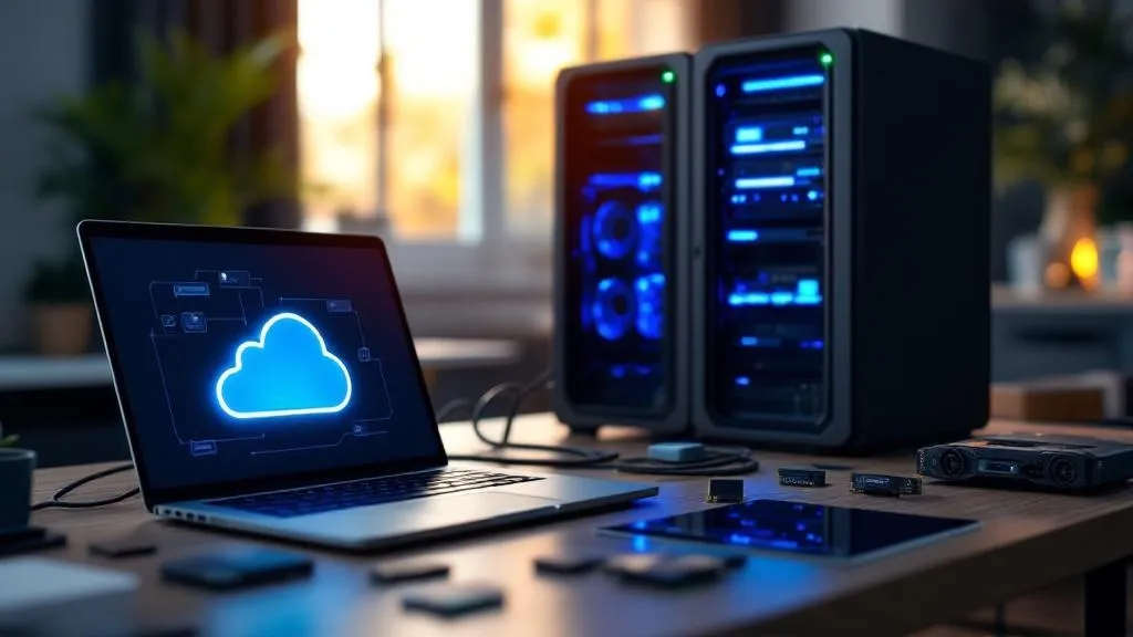 A modern office desk with three distinct organizational systems: a sleek laptop displaying cloud storage icons on screen, a...