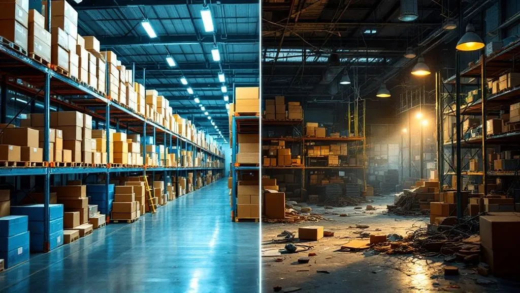 A split-screen warehouse scene: left side shows a pristine, well-lit storage facility with perfectly organized, color-coded...