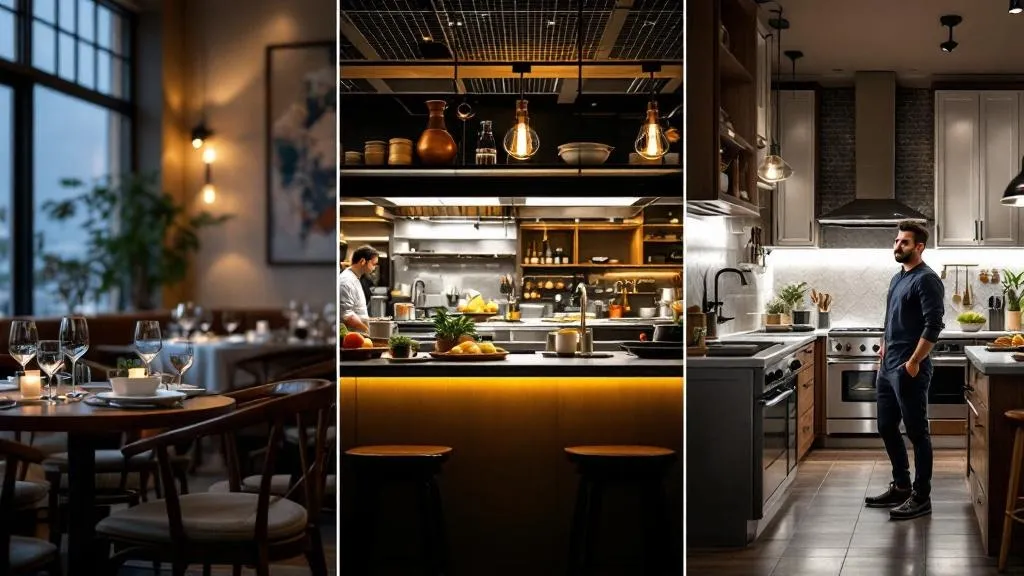 A triptych restaurant scene showing three distinct dining experiences: Left panel shows a customer at a sleek counter...