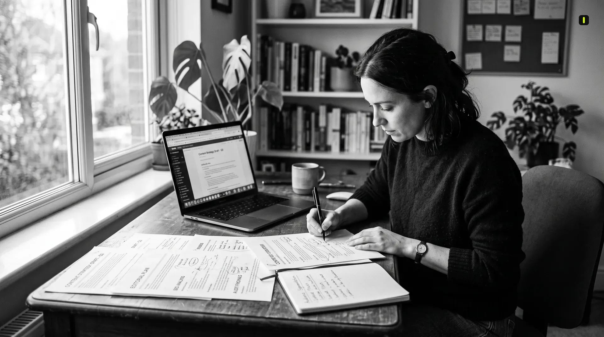 Content strategist at desk repurposing content across multiple platforms, showing browser tabs and marked draft pages for different channels