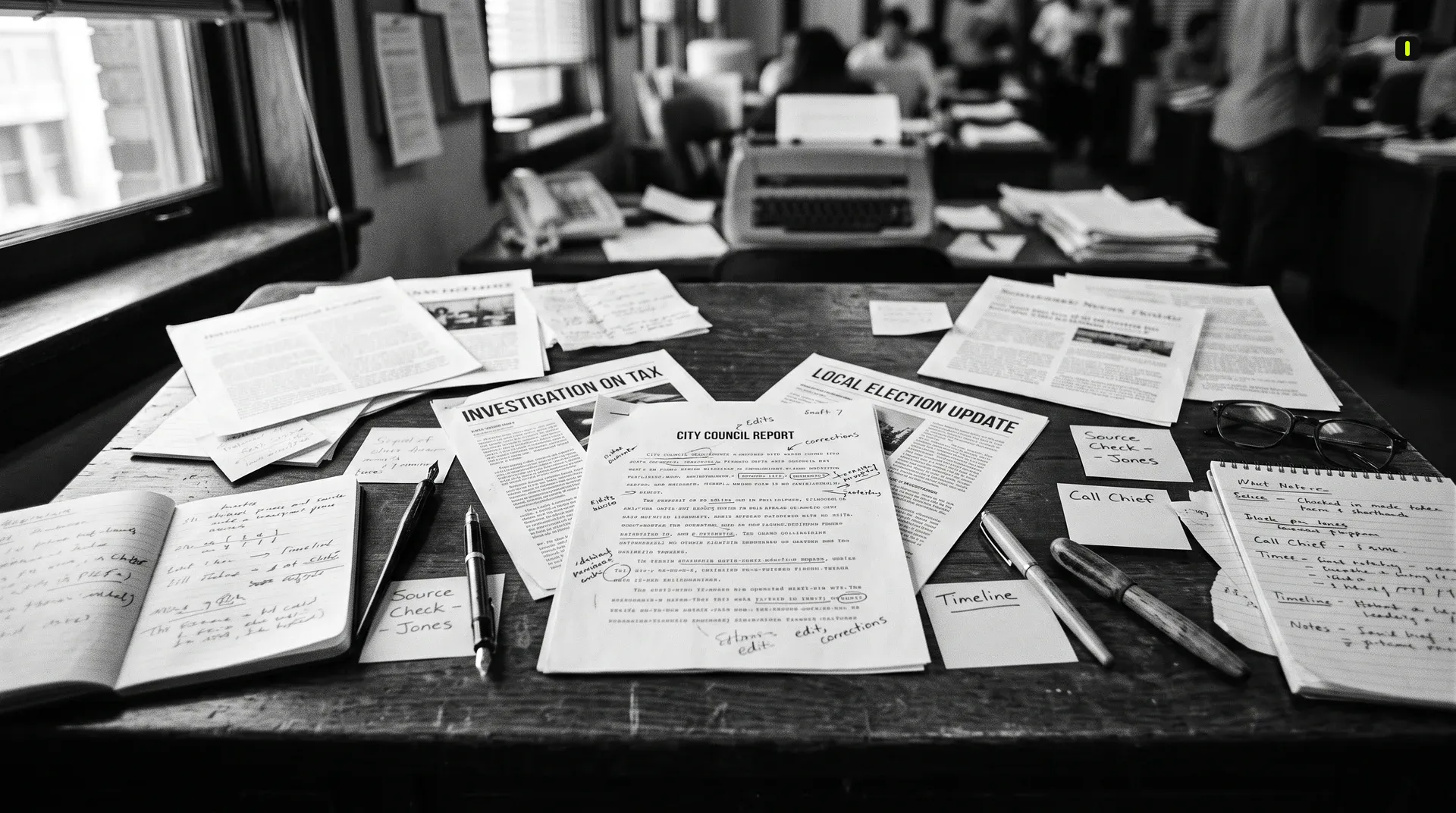 Journalist's desk showing how to repurpose content multiple platforms with printed pages, notebooks, and sticky notes organized around central documents