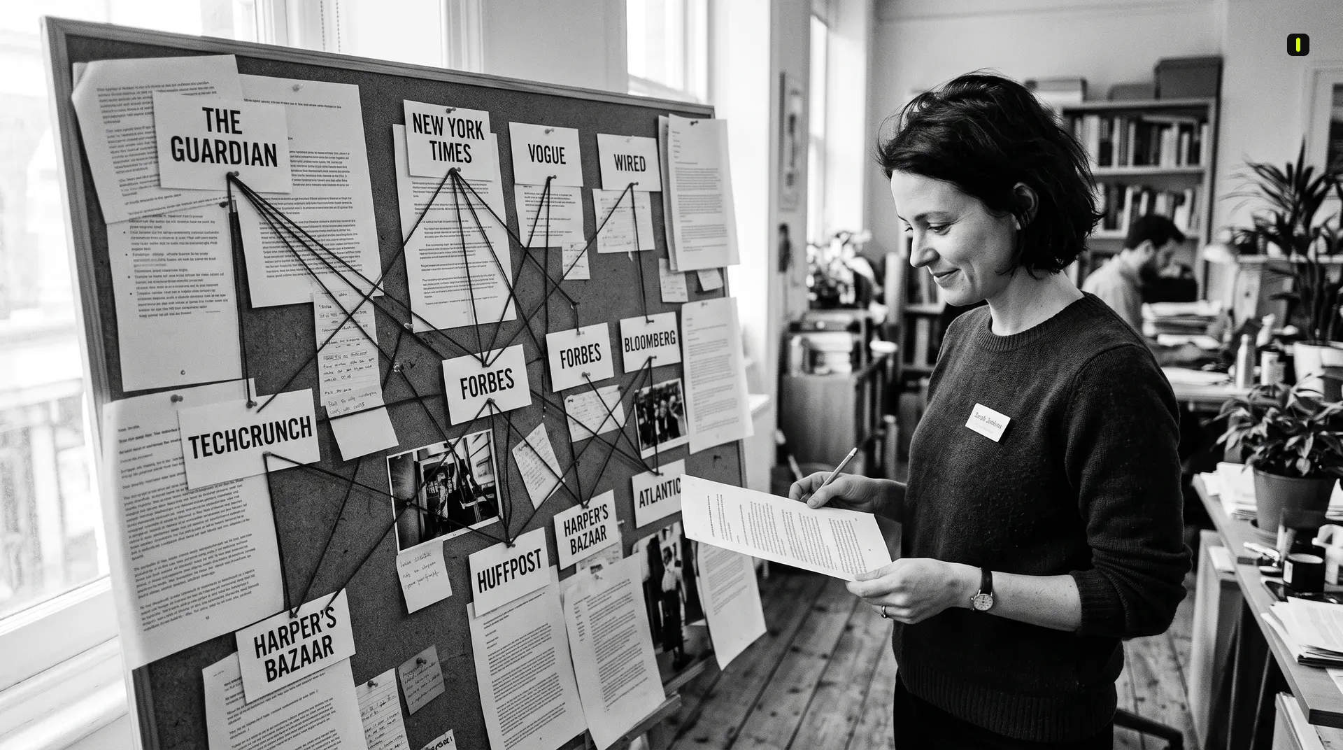 Marketing professional planning how to repurpose content multiple platforms using connected article drafts and strategy cards on cork board