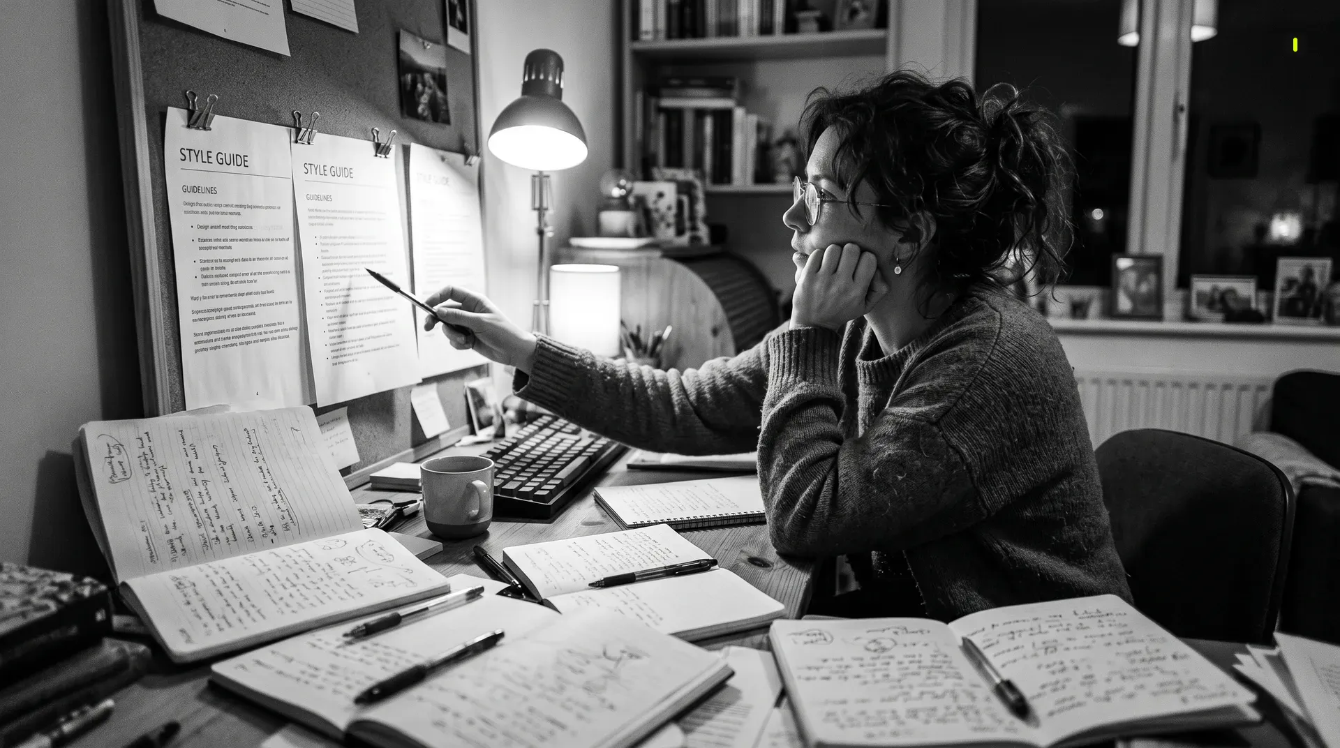 Writer reviewing style guide at desk while planning how to repurpose content multiple platforms across various notebooks