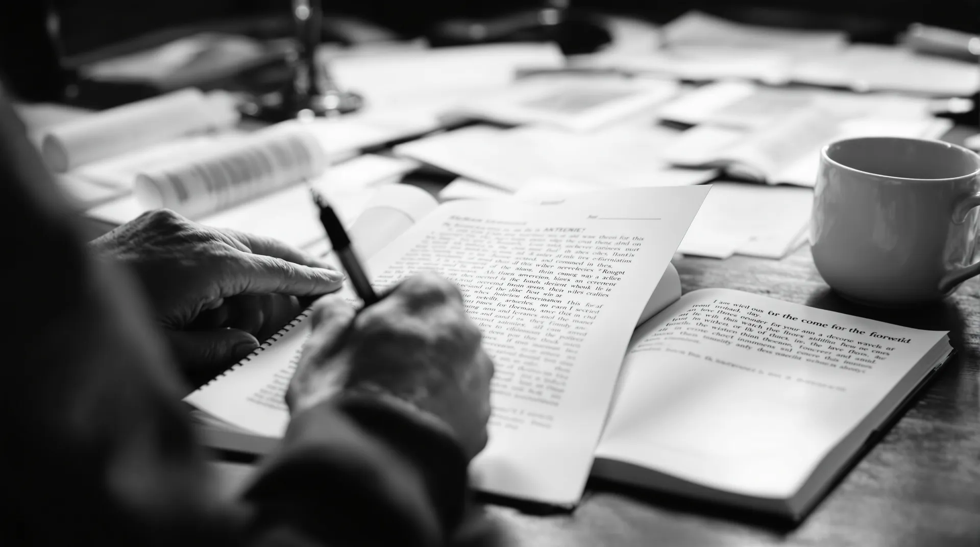 Close-up of researcher's hands gripping a printed academic article beside an open notebook, pen poised mid-thought,