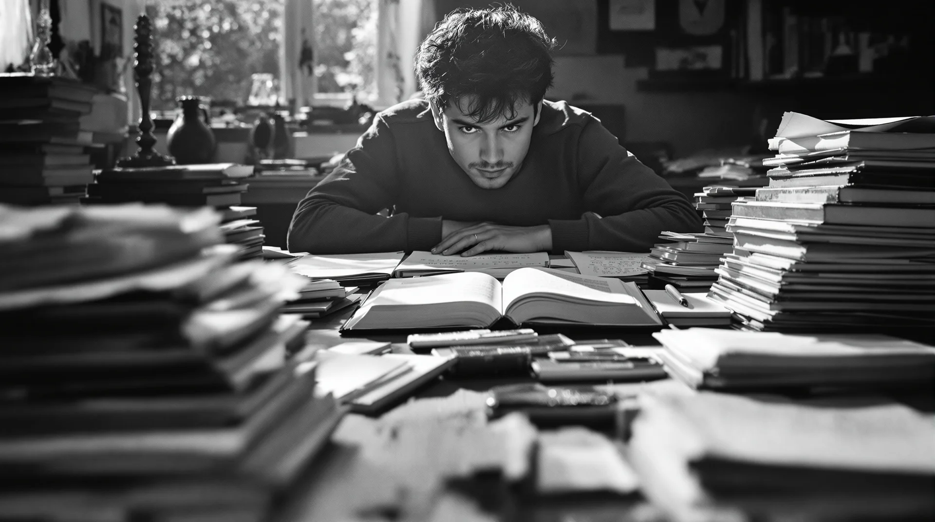 Person leaning forward at a cluttered wooden desk covered in open books, printed journal articles, and handwritten notes,