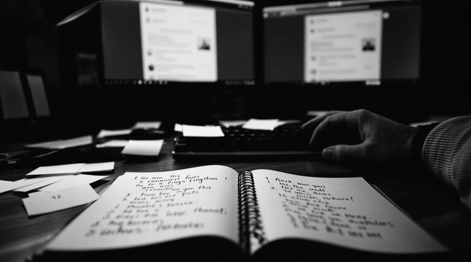 Close-up of a person's hands hovering above a mechanical keyboard, two softly blurred browser windows with search result
