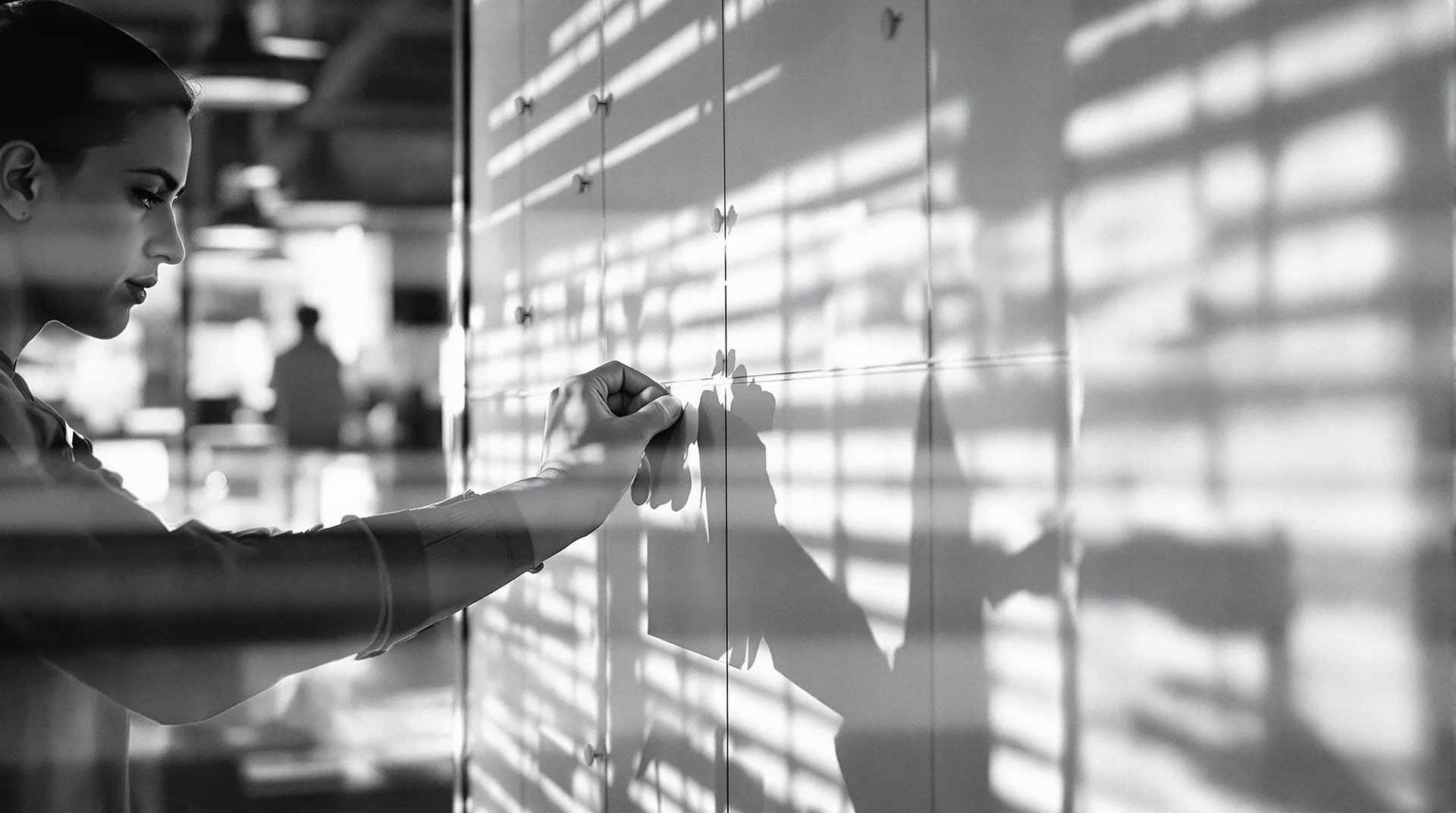 A content strategist pinning printed pages to a large wall-mounted planning board divided into vertical columns, morning