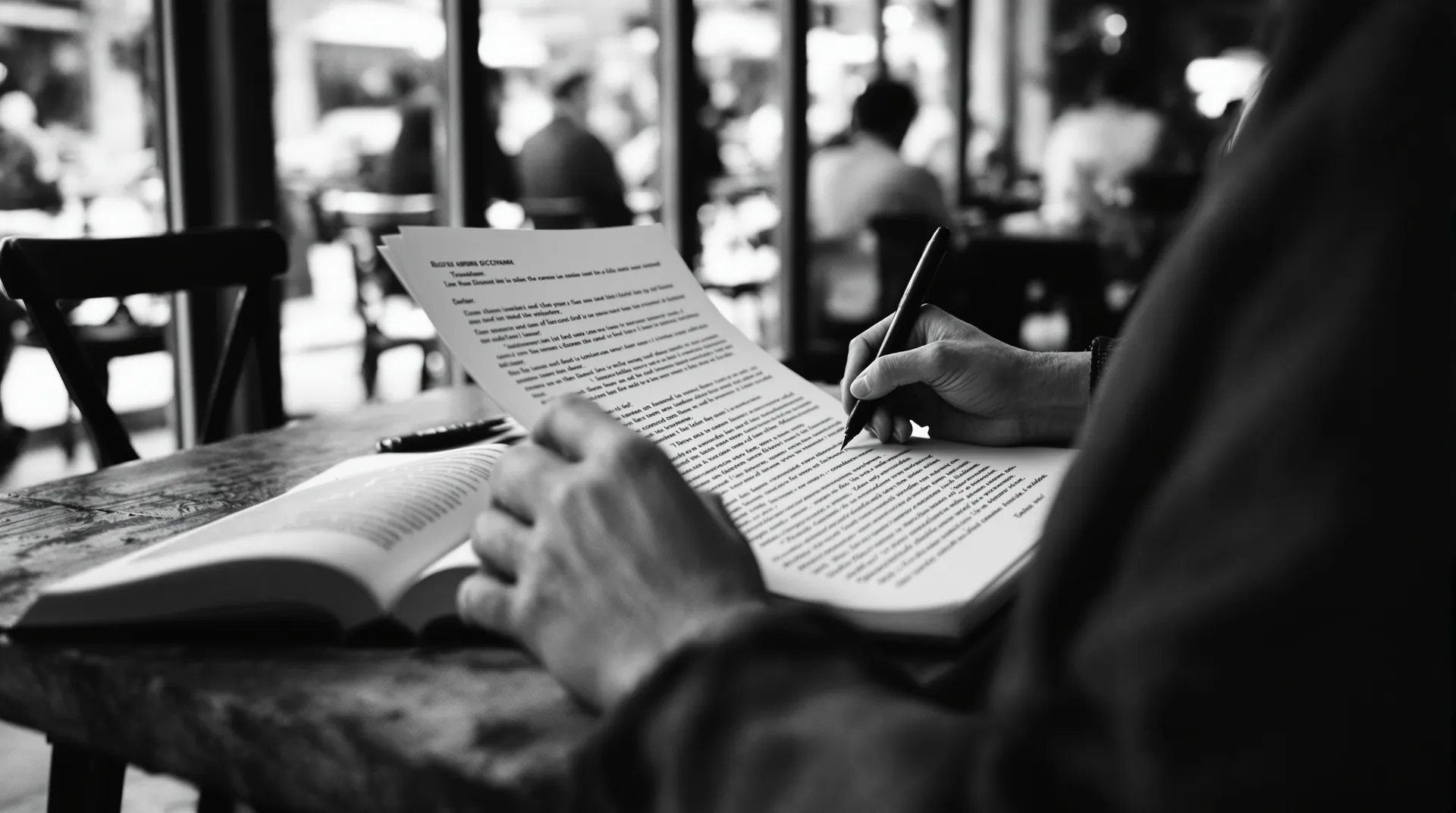 Monochrome documentary photograph of a translator seated at a rustic café table, holding a printed source document in one