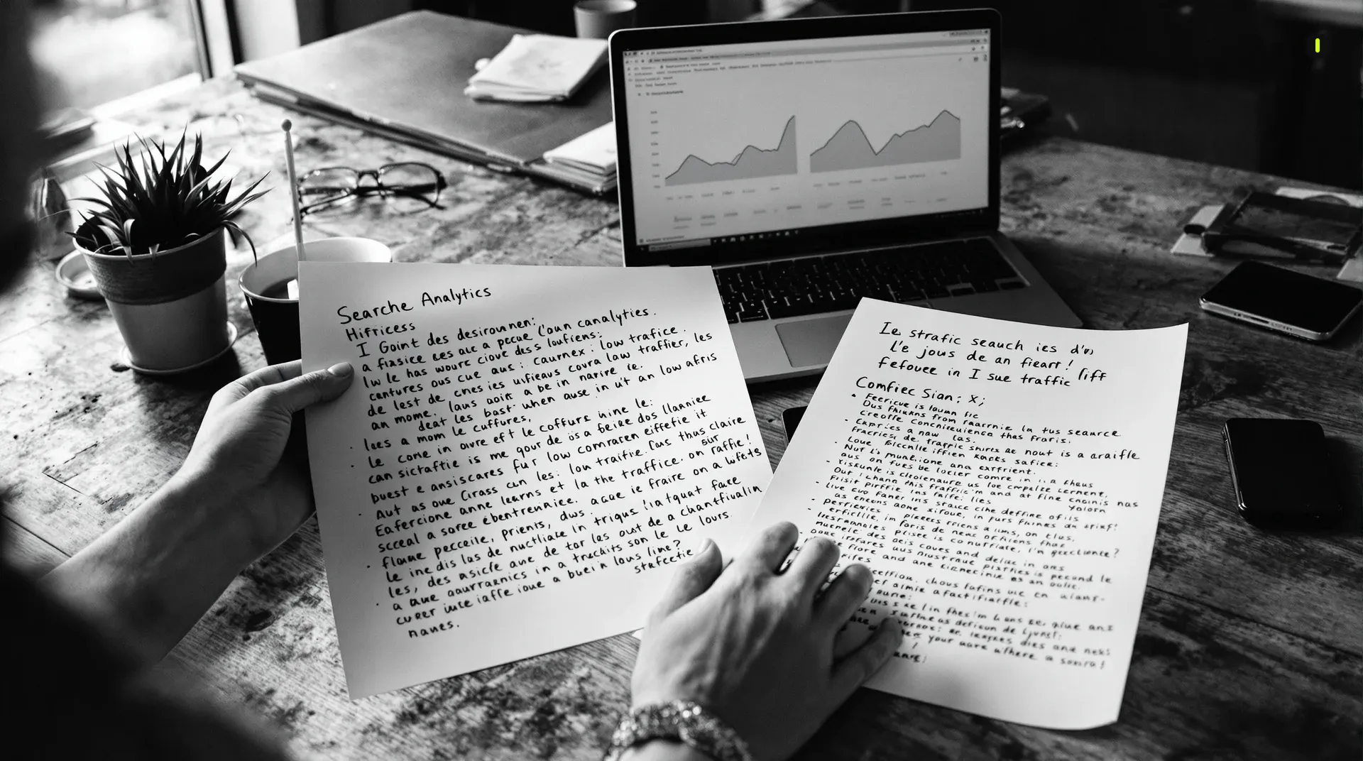 Person at desk reviewing translation SEO mistakes by comparing French and English documents with handwritten annotations