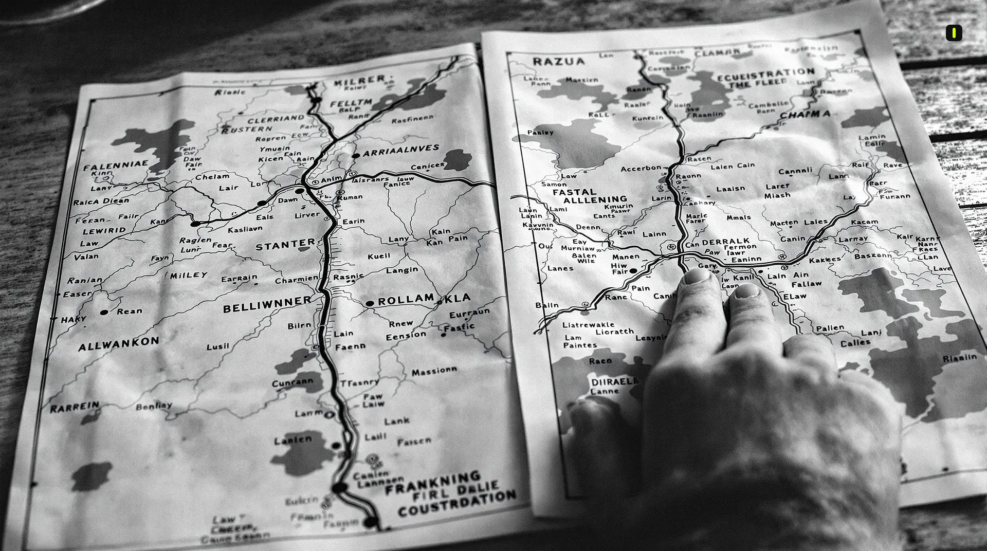 Worn maps showing translation SEO mistakes with misaligned road names and handwritten corrections on wooden table