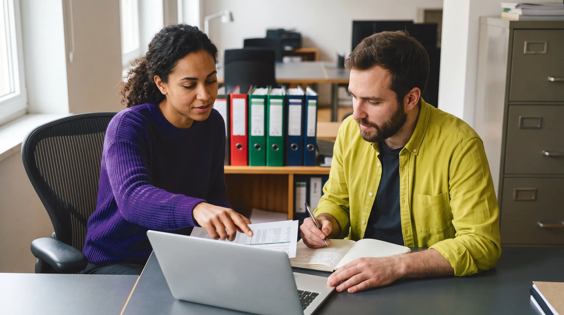 Colleagues reviewing shared document on laptop with filing cabinet, representing AI knowledge base integration in modern office workflows.