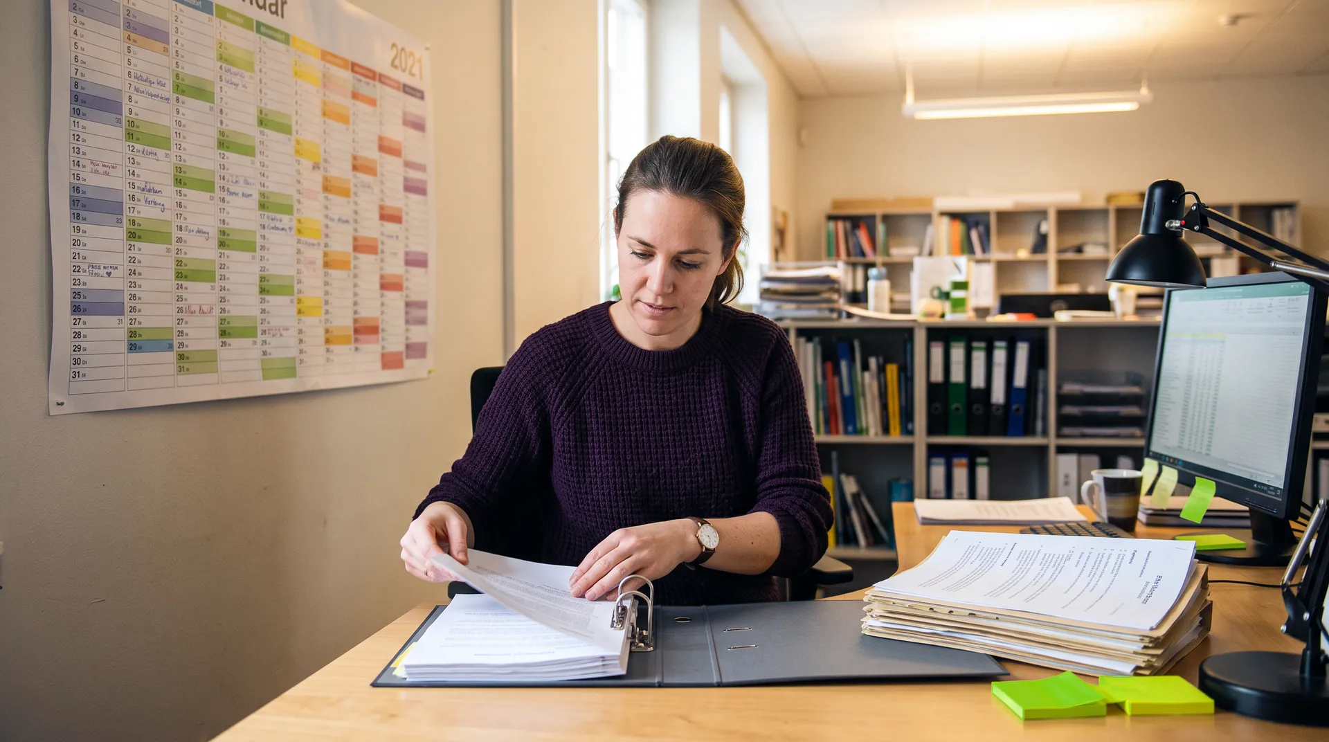 Person updating printed policy sheets at office workstation, organizing documents from an AI knowledge base with calendar visible on wall