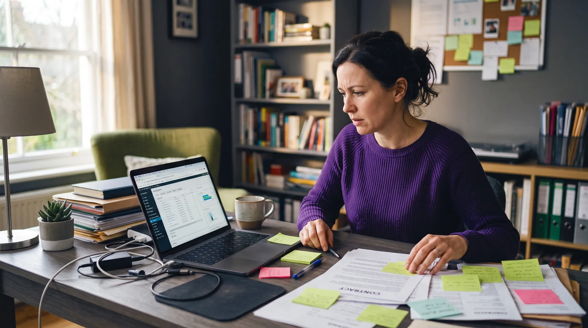 Small business owner researching an AI knowledge base solution at cluttered desk with contracts and notes