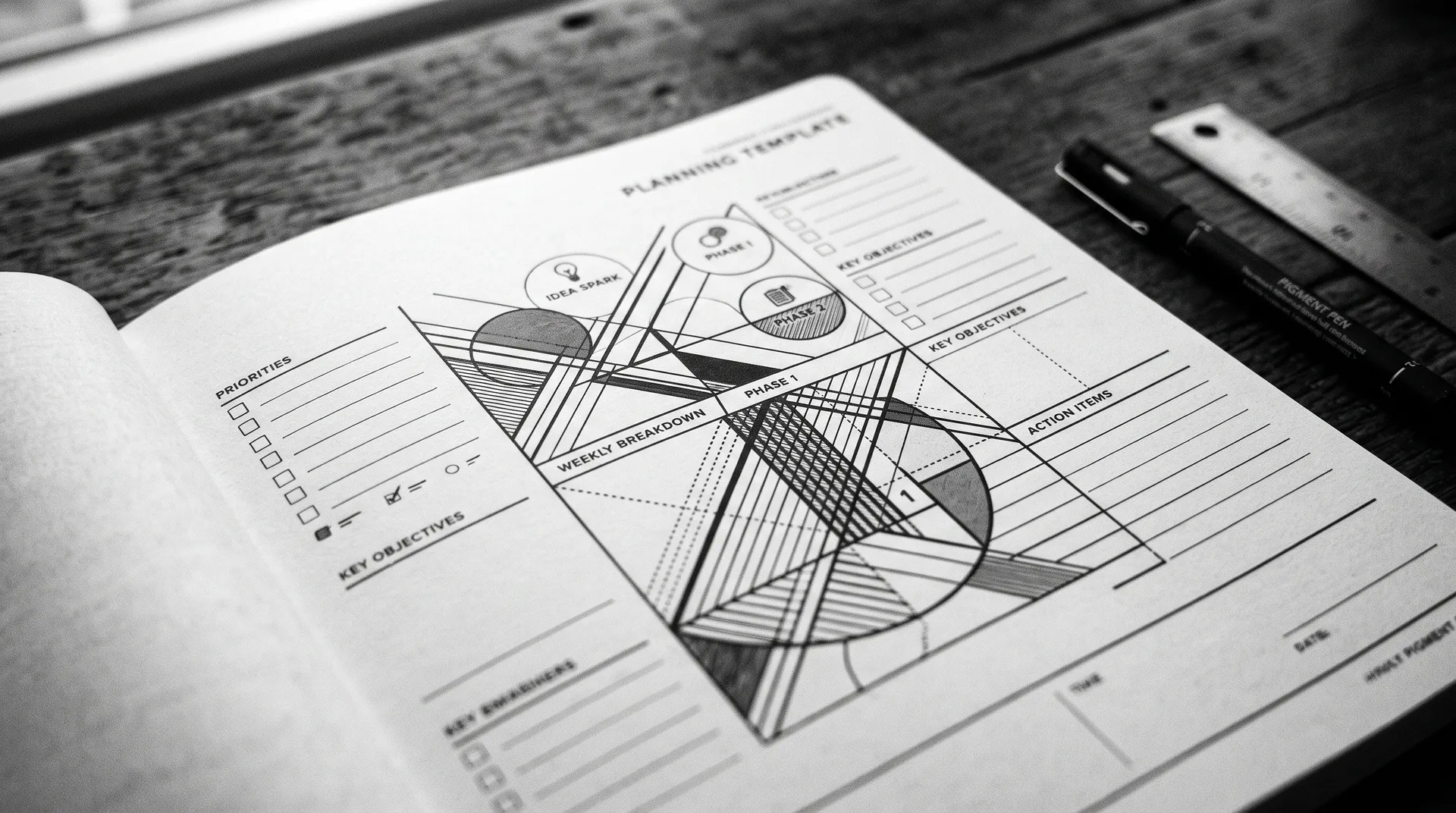 Crisp planning template laid flat, dynamic interplay of bold diagonal lines and overlapping circular forms, high-contrast