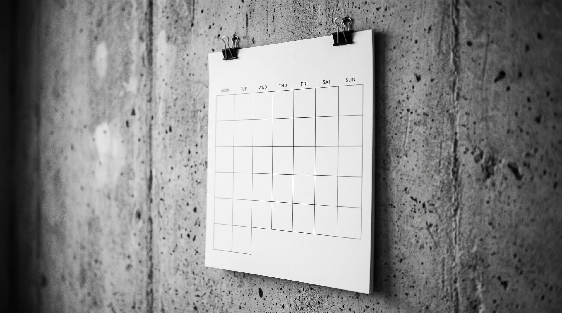 Minimalist wall calendar with blank grid squares, seven columns of empty rows, mounted on a textured concrete wall, soft