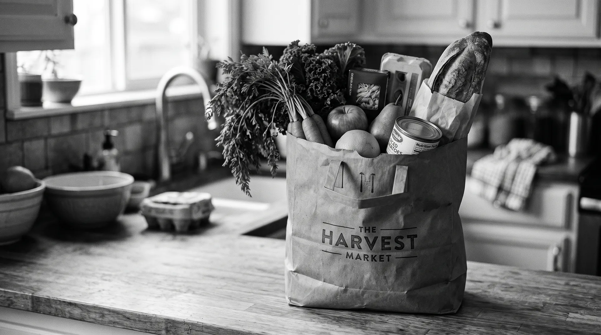 Paper grocery bag filled with various products such as vegetables, fruits, bread, and canned goods, items slightly