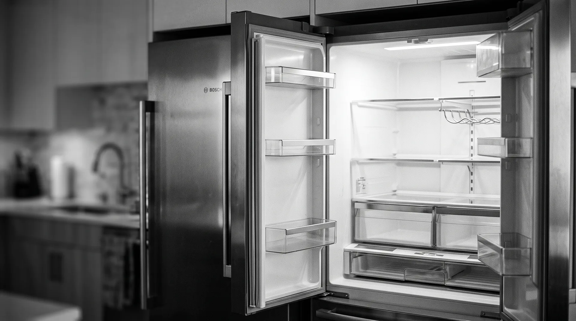 Realistic kitchen interior, modern stainless steel refrigerator with door wide open revealing completely bare empty shelves