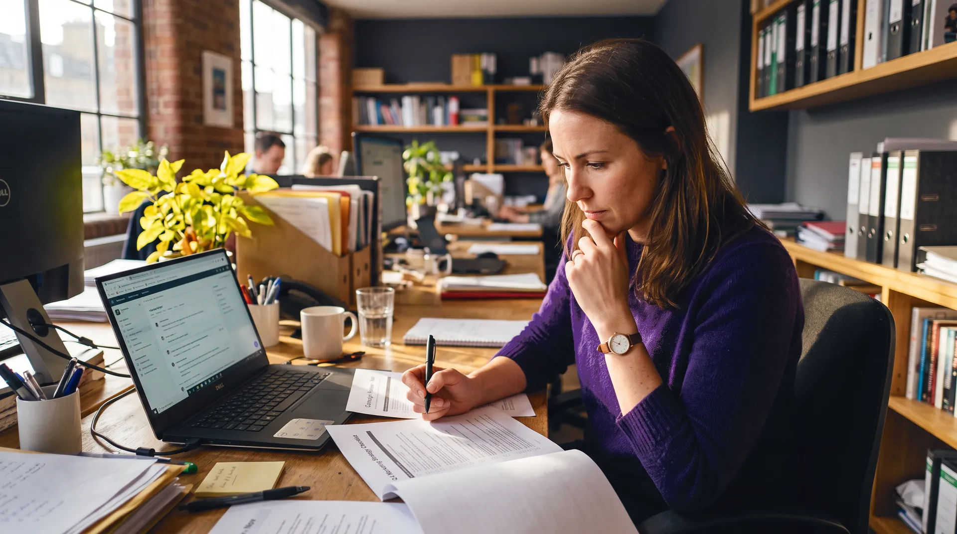Marketing manager using AI marketing strategy checklist at desk with laptop for campaign planning