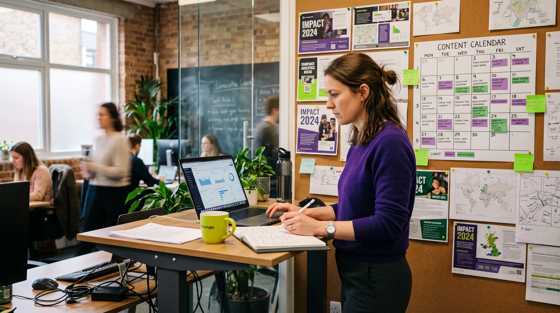Solo professional using AI marketing tools at standing desk with campaign analytics and printouts displayed