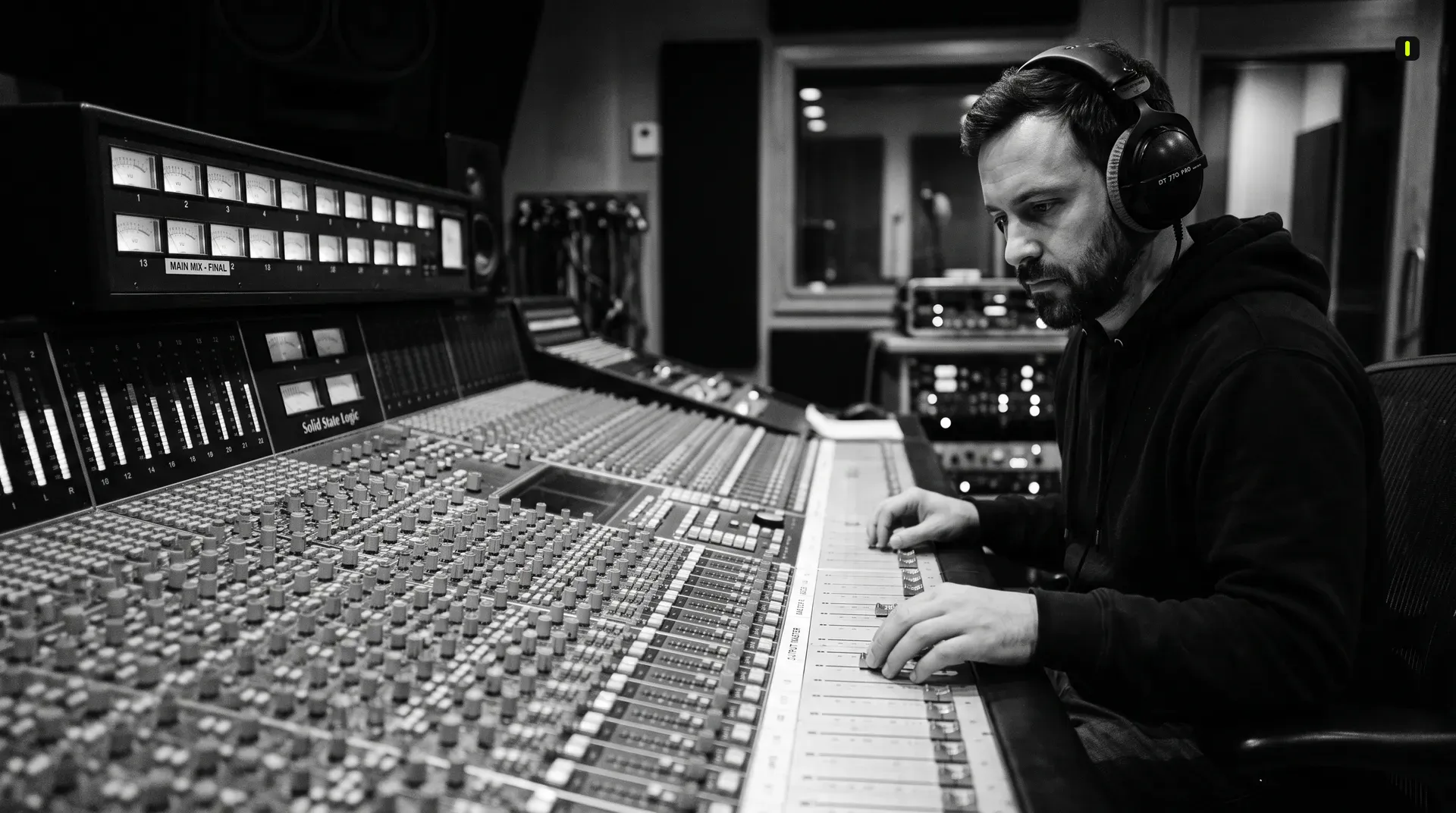 Music producer mixing audio channels to create final song, developing personal brand voice through sound production techniques.