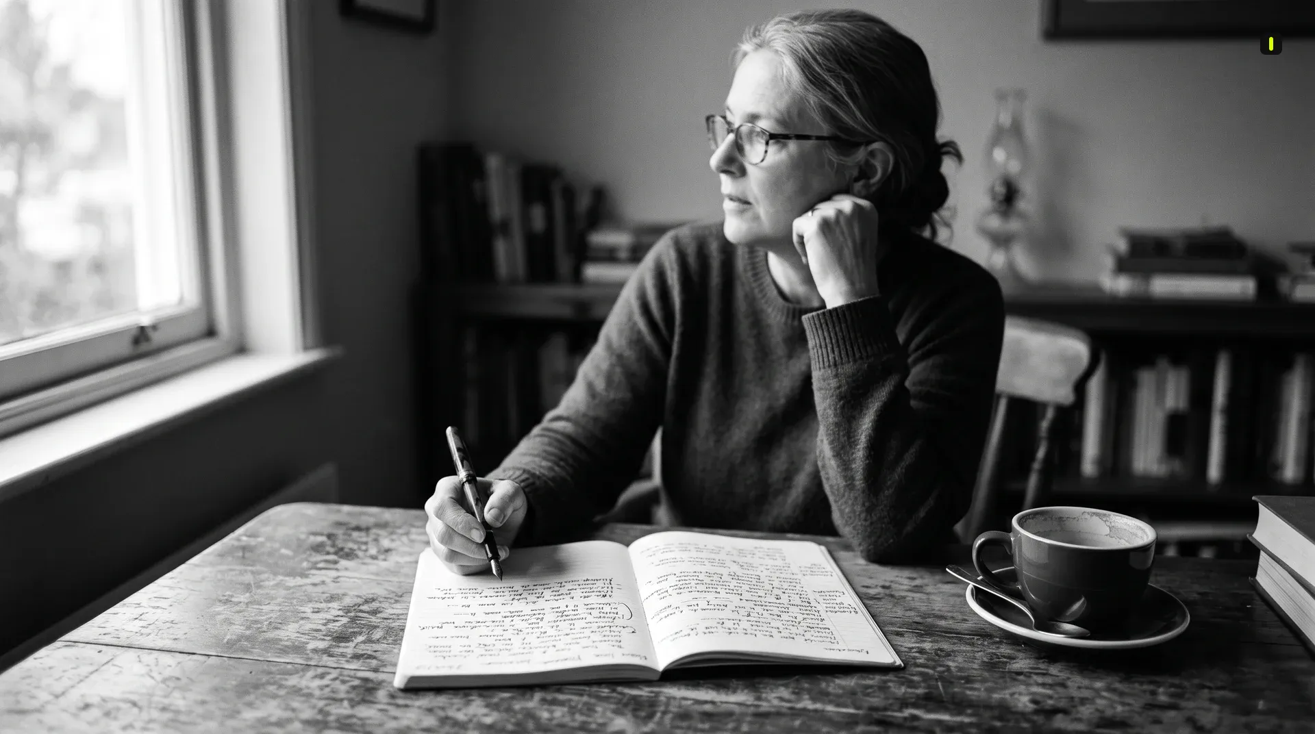 Writer at desk developing personal brand voice through draft revisions and handwritten notes in notebook