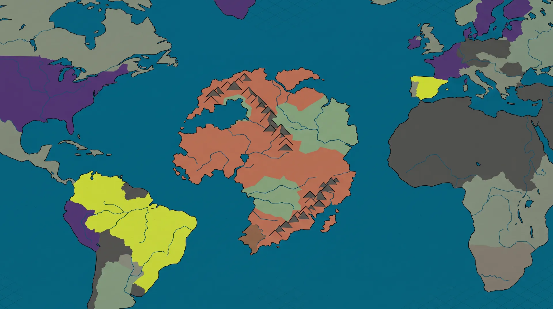Flat illustrated world map filling the entire image edge to edge with no visible grid or background, viewed from above,