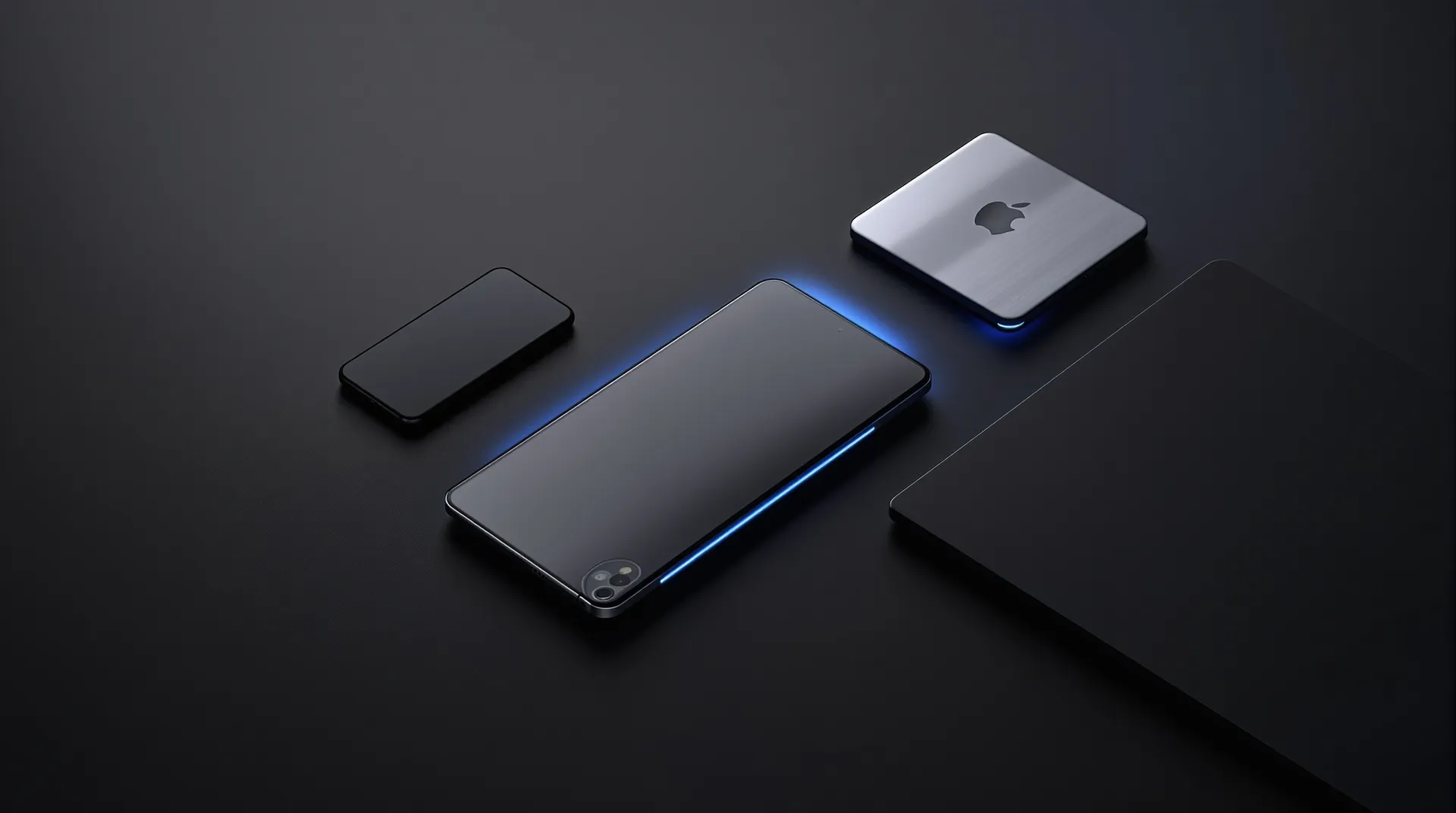 Kmo ai oplossingen concept: geïsoleerde apparaten smartphone tablet laptop op donker oppervlak