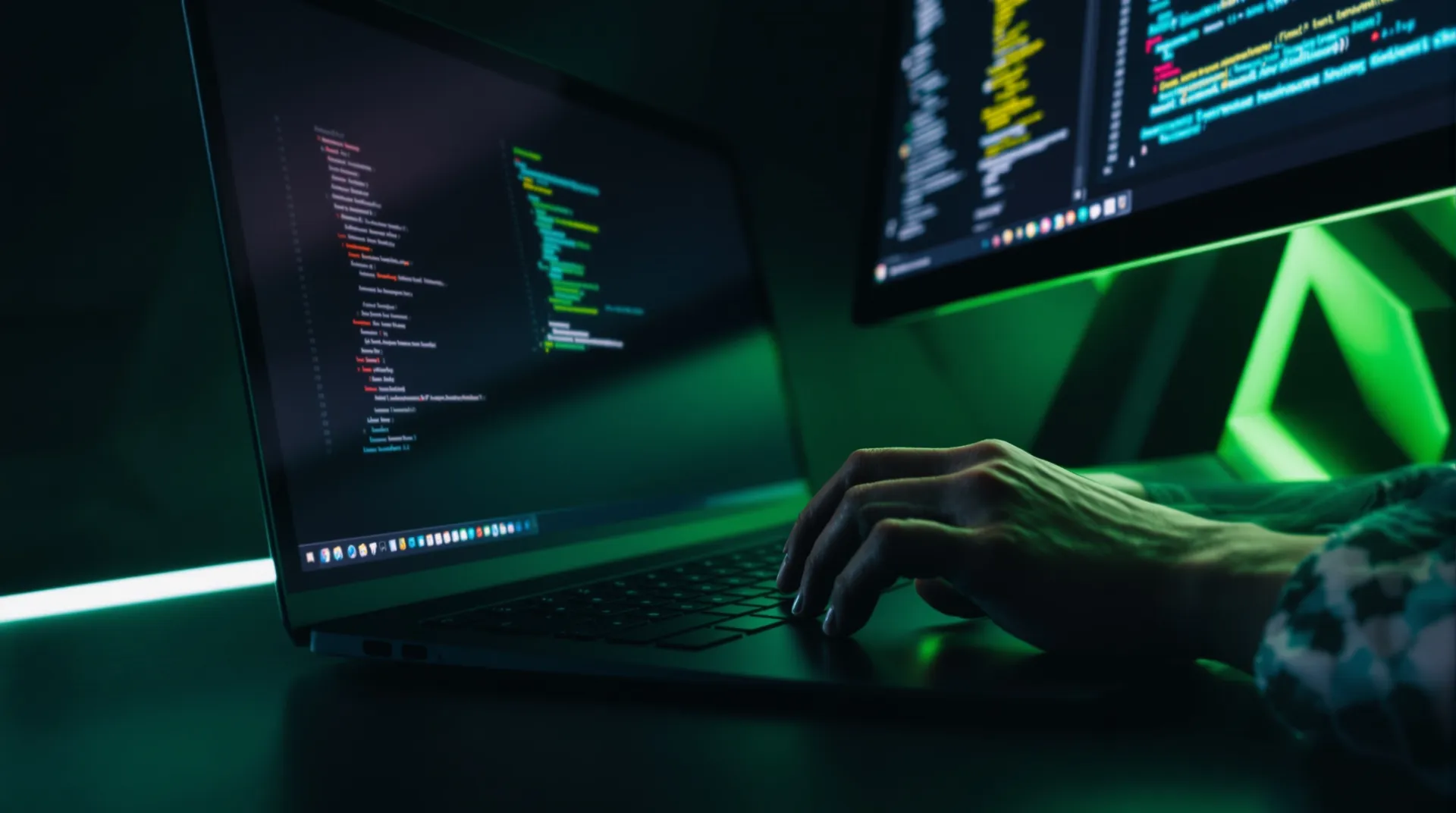 Handen typen op zwart toetsenbord met code op monitor, kmo ai oplossingen voor bedrijven