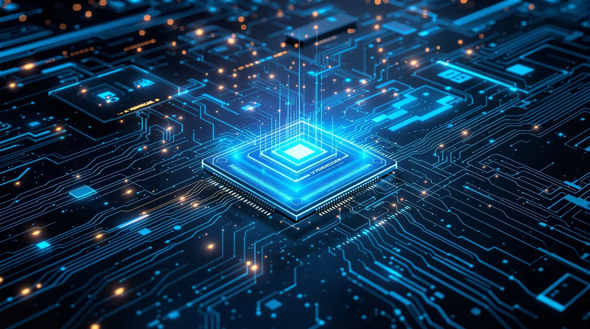 Holografische staafgrafiek met gloeiende blauwe staven boven donker oppervlak, met sectoren zoals accounting en verzekeringen