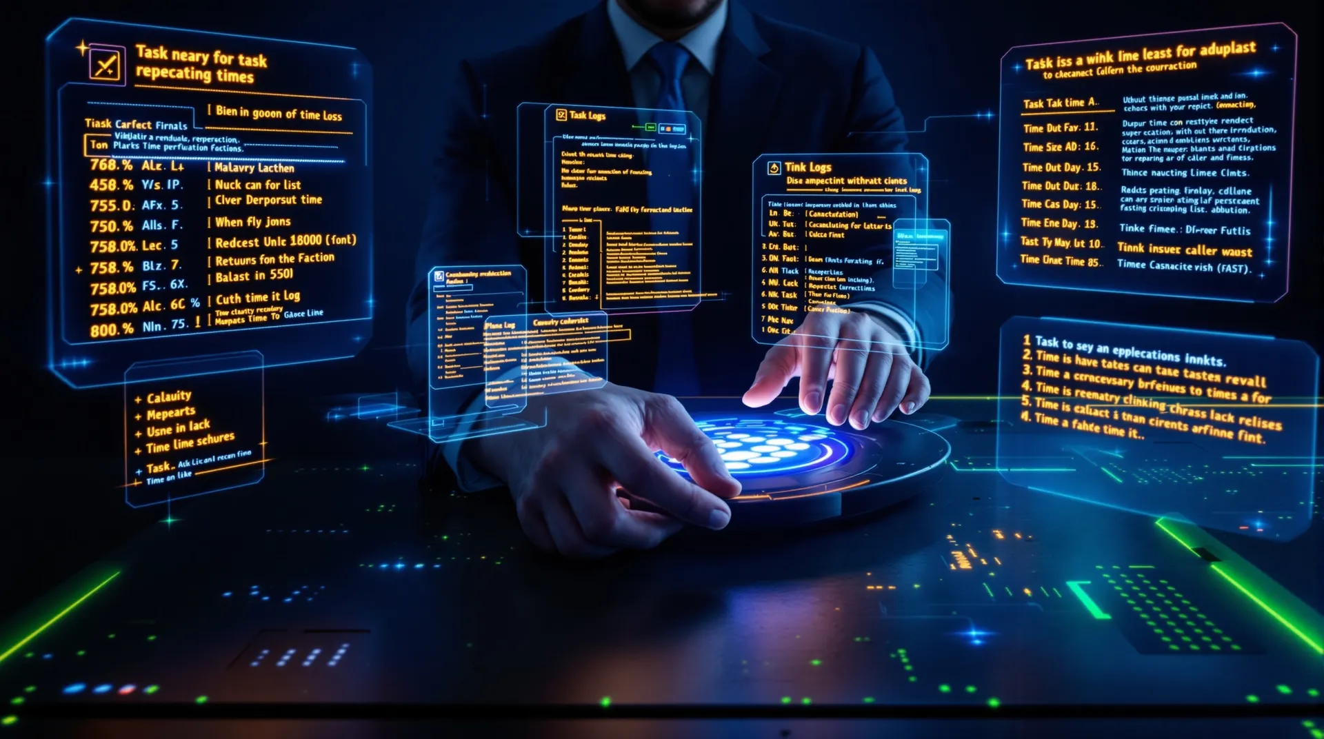 Zakenman berekent op een holografische abacus aan donker bureau met zwevende digitale panelen.