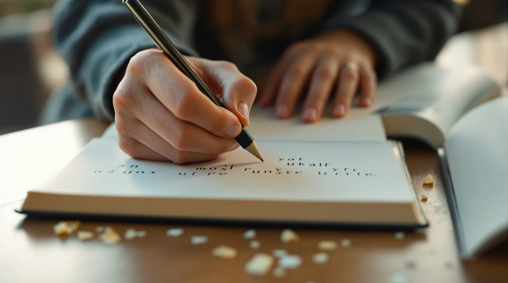 Handen schrijven fonetische symbolen in notitieblok met franse lessen uitsprekingsgids ernaast