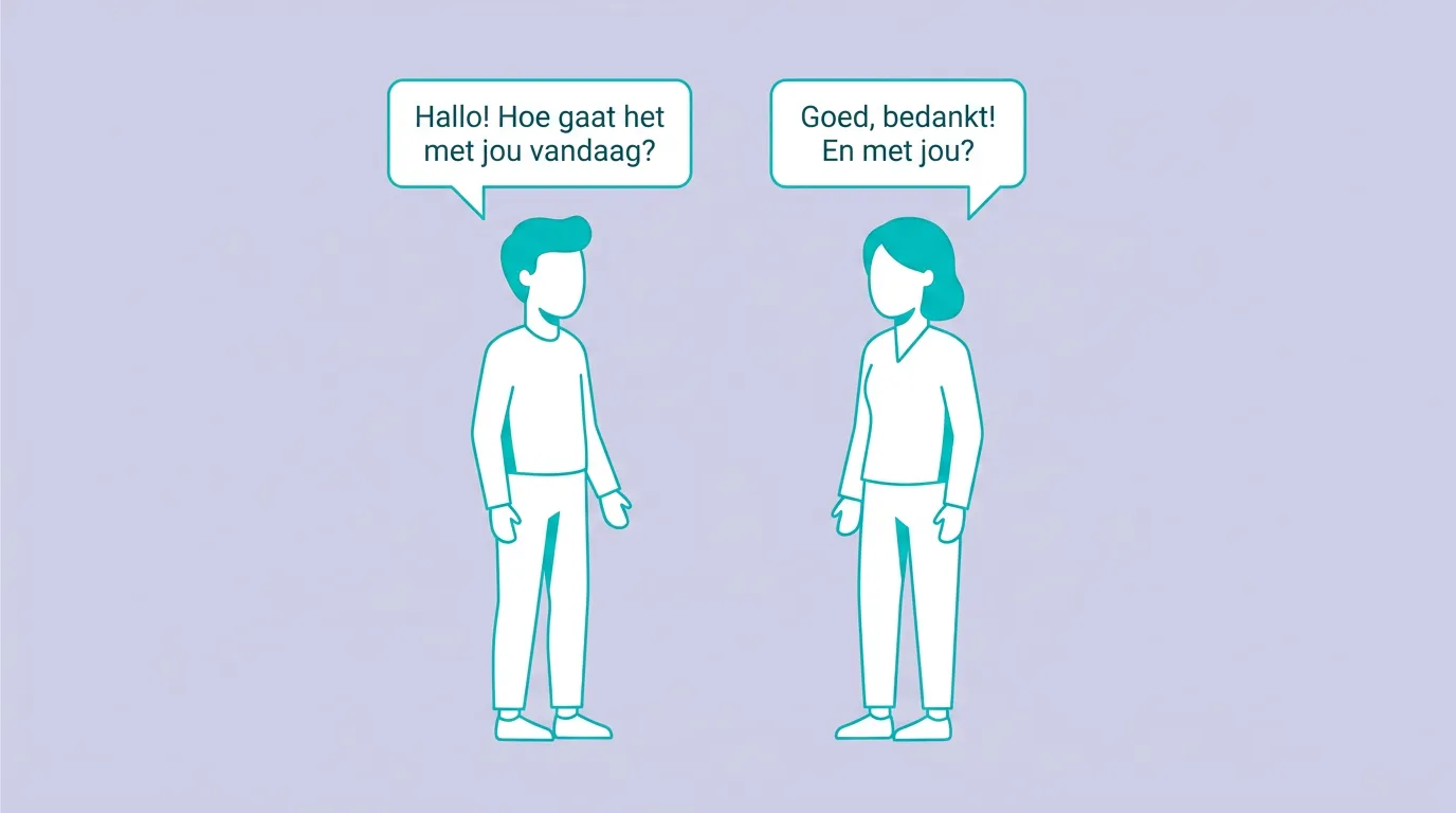 Twee personen hebben gesprek met spraakbalonnen, illustratie voor franse lessen