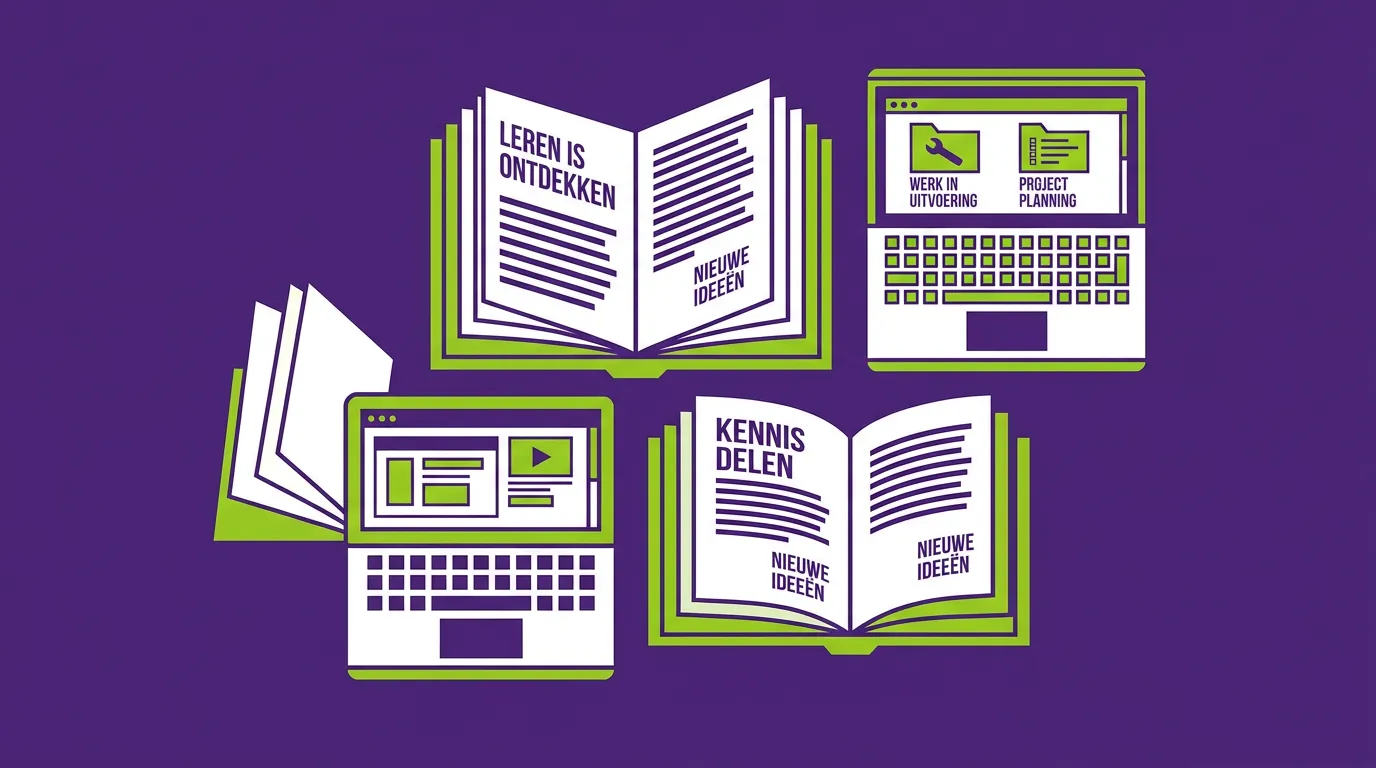 Open Nederlandse boeken en moderne laptops symbool voor llm taalmodellen en digitale leerresources