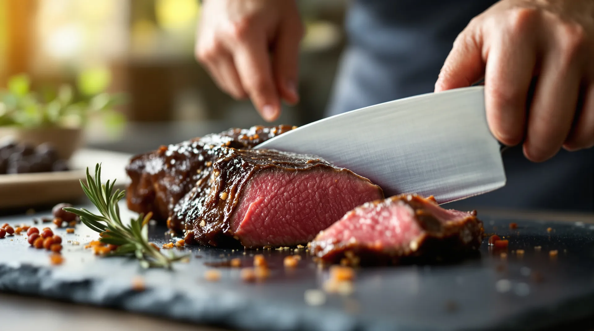 Chef snijdt wild vlees groothandel venison loin op leisteen, met zichtbare vleestextuur.