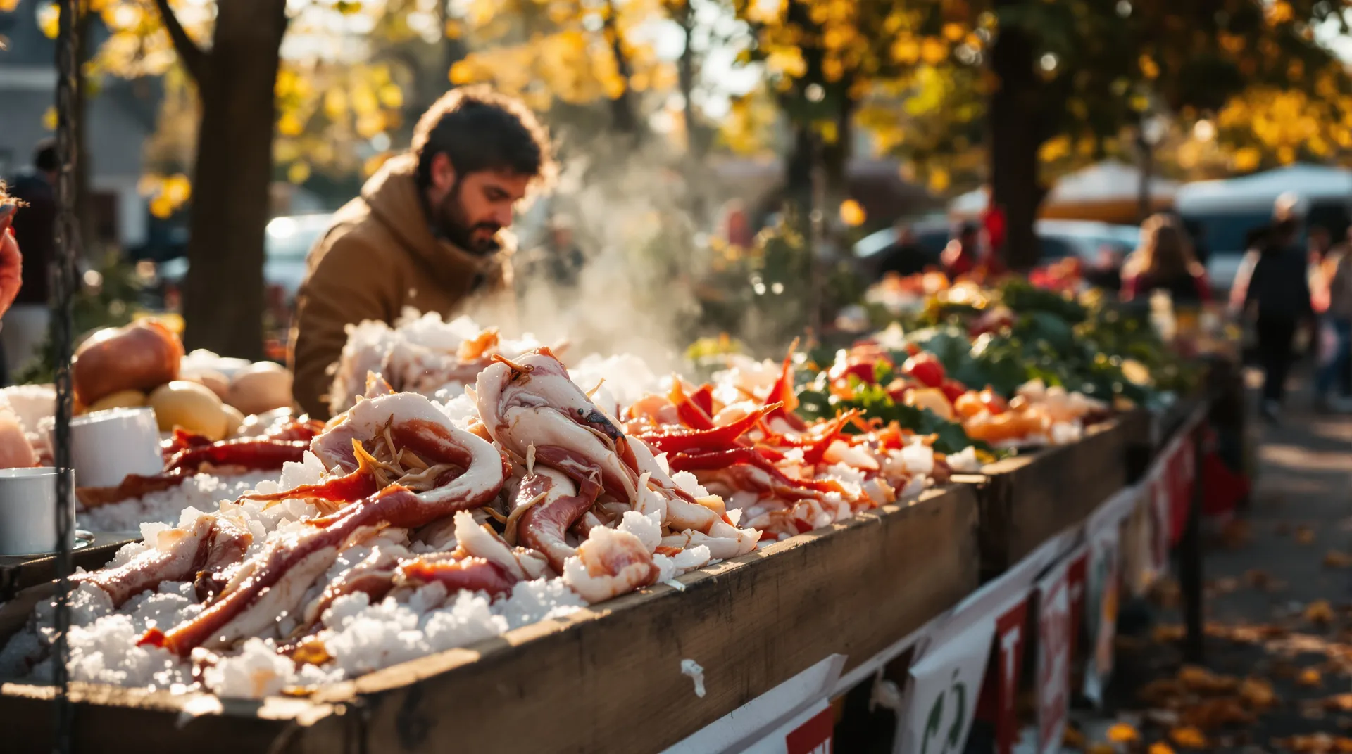 Wild vlees groothandel op herfst boerenmarkt met vers vlees op ijs en verkoper