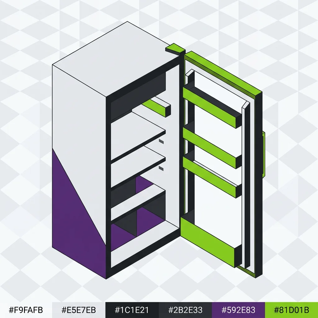 Flat vector illustration of a single-door open empty refrigerator, bold geometric hard-edged shapes, one front-facing door